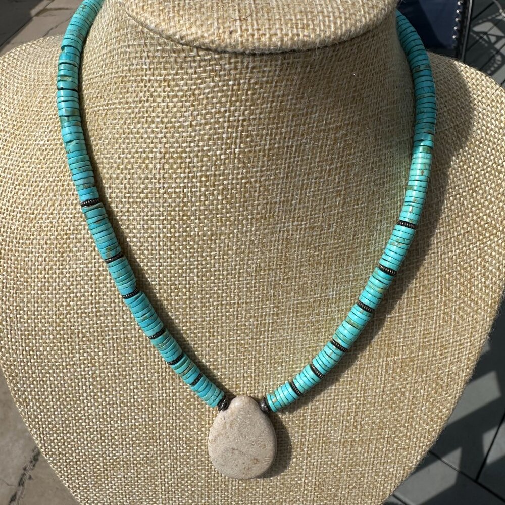 Turquoise Heshi Beaded and Fossil Coral Necklace 17"  925